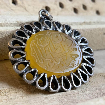 Yellow Engraved Aqeeq Stone | Yemeni Yellow Aqeeq Pendant | Yellow Akik stone Pendant silver unisex | AlAliGems | Akik Stone Yemeni Aqeeq Stone - Al Ali Gems