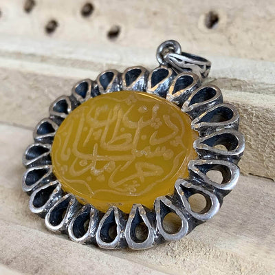 Yellow Engraved Aqeeq Stone | Yemeni Yellow Aqeeq Pendant | Yellow Akik stone Pendant silver unisex | AlAliGems | Akik Stone Yemeni Aqeeq Stone - Al Ali Gems