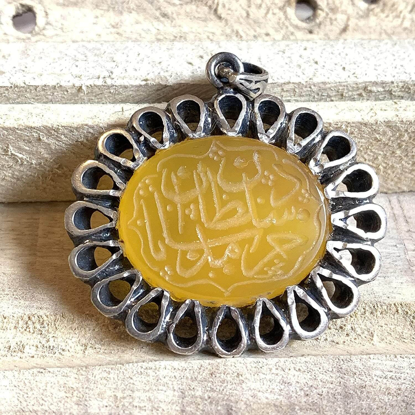 Yellow Engraved Aqeeq Stone | Yemeni Yellow Aqeeq Pendant | Yellow Akik stone Pendant silver unisex | AlAliGems | Akik Stone Yemeni Aqeeq Stone - Al Ali Gems