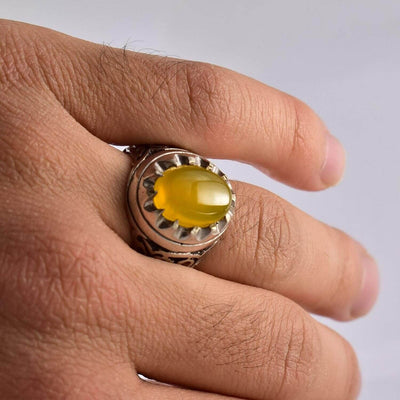 Yellow Sharaf Shams Aqeeq Ring | AlAliGems | Sharaf al Shams Stone Ring | US Size 10.5 - Al Ali Gems