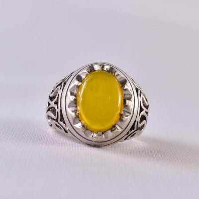Yellow Sharaf Shams Aqeeq Ring | AlAliGems | Sharaf al Shams Stone Ring | US Size 10.5 - Al Ali Gems