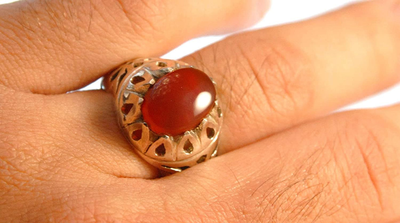 Yemeni Aqeeq Ring for men | AlAliGems | Engraved Red Aqeeq Stone Serling Silver Ring US Size 10.5 - Al Ali Gems