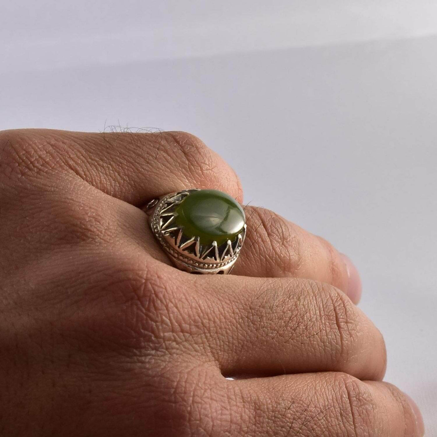 Yemeni Aqeeq Ring for men | AlAliGems | Green Aqeeq Stone Serling Silver Ring US Size 10.5 - Al Ali Gems
