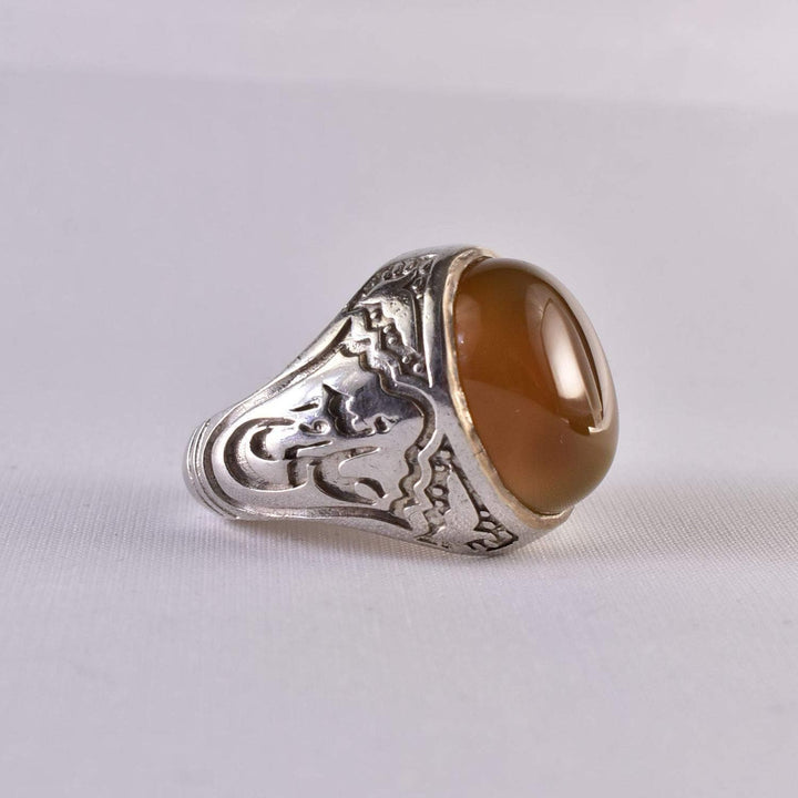 Yemeni Aqeeq Ring for men | AlAliGems | Honey Aqeeq Stone Serling Silver Ring US Size 11 - Al Ali Gems