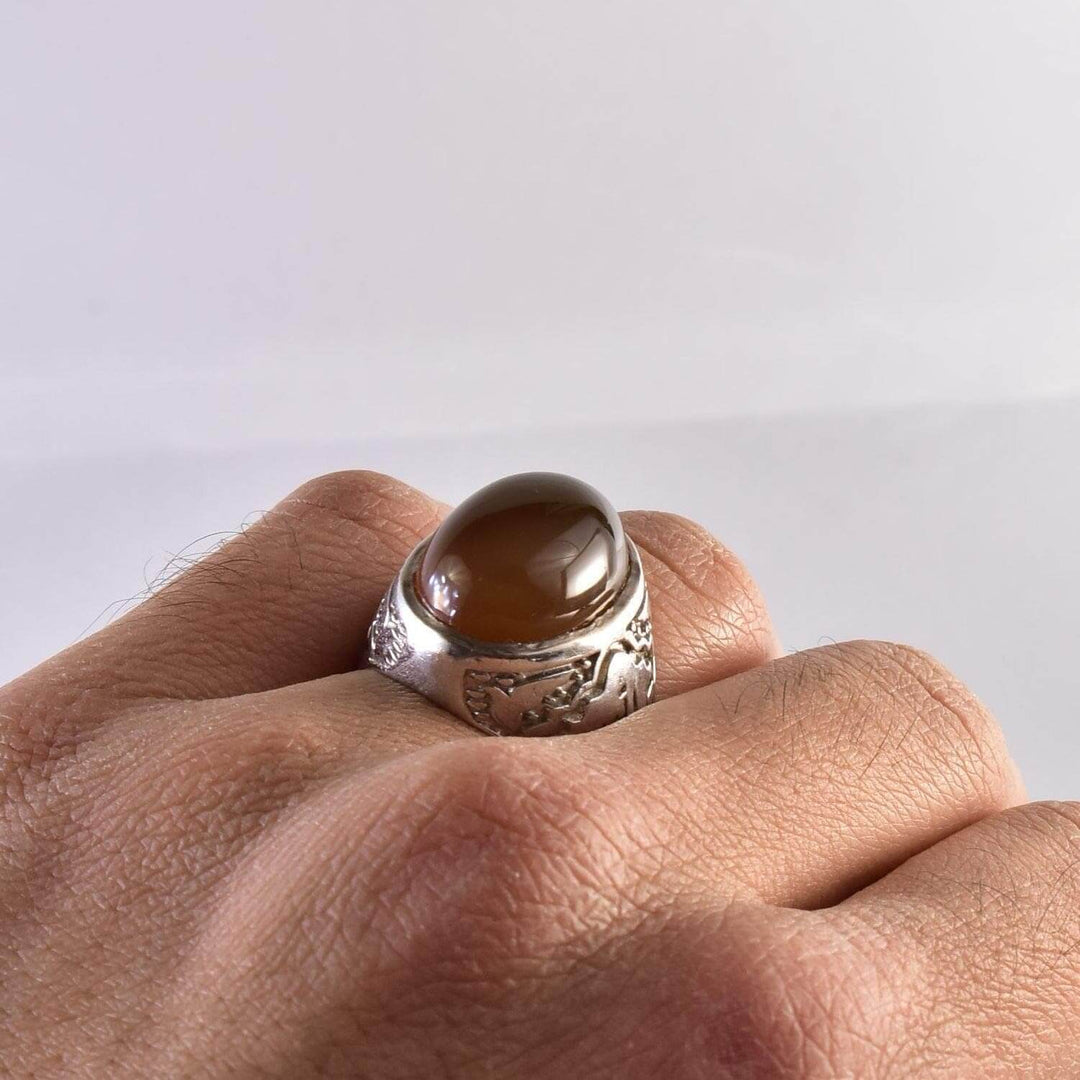 Yemeni Aqeeq Ring for men | AlAliGems | Honey Aqeeq Stone Serling Silver Ring US Size 11 - Al Ali Gems