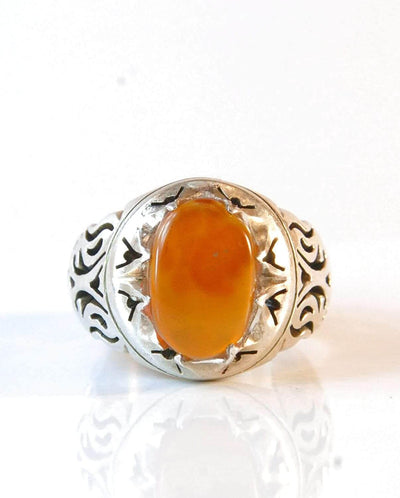 Yemeni Aqeeq Ring for men | AlAliGems | Orange Aqeeq Stone Serling Silver Ring US Size 10 - Al Ali Gems