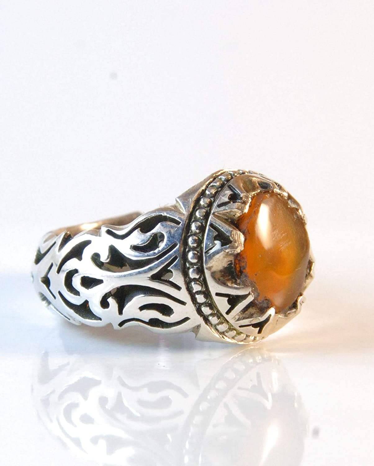 Yemeni Aqeeq Ring for men | AlAliGems | Orange Aqeeq Stone Serling Silver Ring US Size 10 - Al Ali Gems