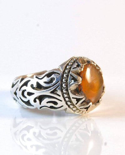 Yemeni Aqeeq Ring for men | AlAliGems | Orange Aqeeq Stone Serling Silver Ring US Size 10 - Al Ali Gems