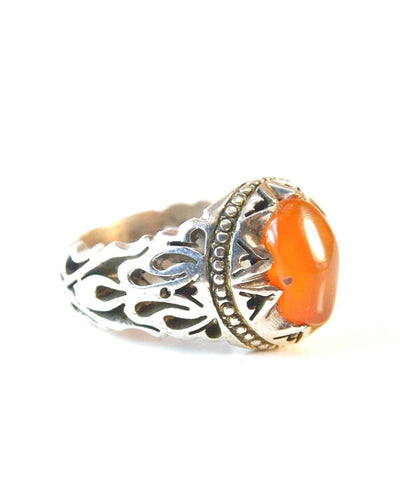 Yemeni Round Aqeeq Gemstone Sterling Silver Ring | Ring Size US 10 - Al Ali Gems