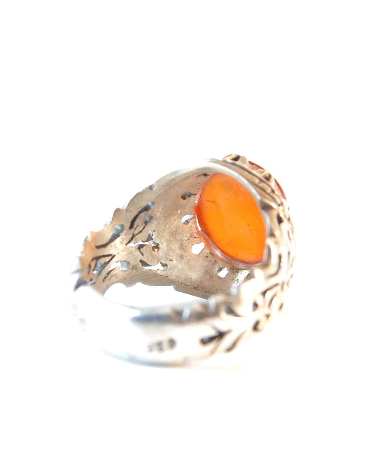 Yemeni Aqeeq Ring for men | AlAliGems | Orange Aqeeq Stone Serling Silver Ring US Size 10 - Al Ali Gems