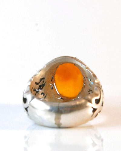 Yemeni Aqeeq Ring for men | AlAliGems | Orange Aqeeq Stone Serling Silver Ring US Size 10 - Al Ali Gems