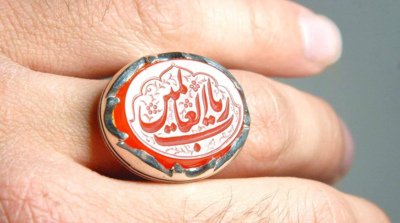 Yemeni Aqeeq Ring for men | AlAliGems | Orange Aqeeq Stone Serling Silver Ring US Size 10 - Al Ali Gems