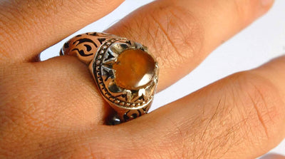 Yemeni Aqeeq Ring for men | AlAliGems | Orange Aqeeq Stone Serling Silver Ring US Size 10 - Al Ali Gems