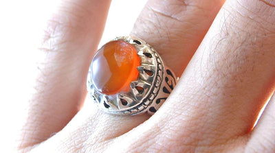 Yemeni Aqeeq Ring for men | AlAliGems | Orange Aqeeq Stone Serling Silver Ring US Size 10 - Al Ali Gems