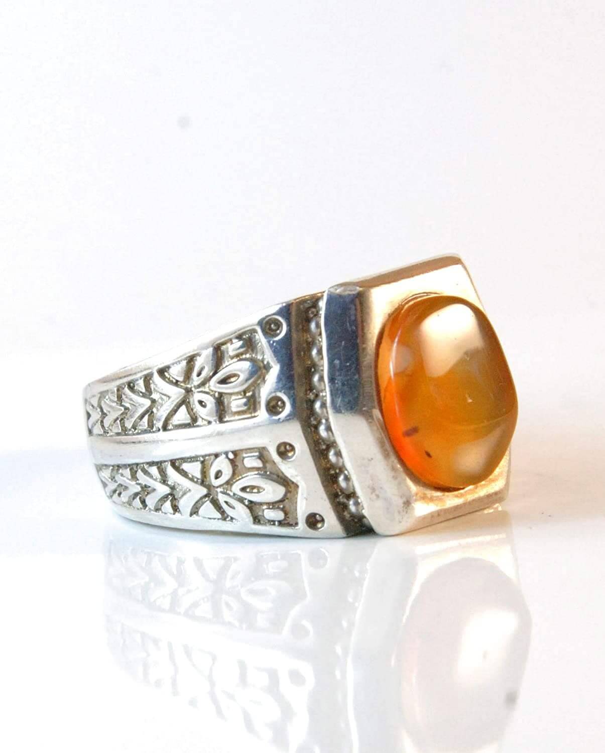 Yemeni Aqeeq Ring for men | AlAliGems | Orange Aqeeq Stone Serling Silver Ring US Size 10.5 - Al Ali Gems
