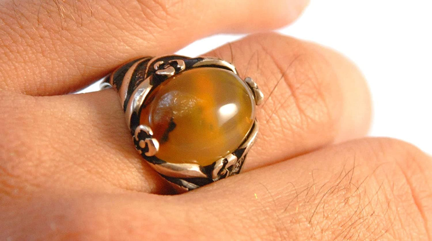 Yemeni Aqeeq Ring for men | AlAliGems | Orange Aqeeq Stone Serling Silver Ring US Size 10.5 - Al Ali Gems