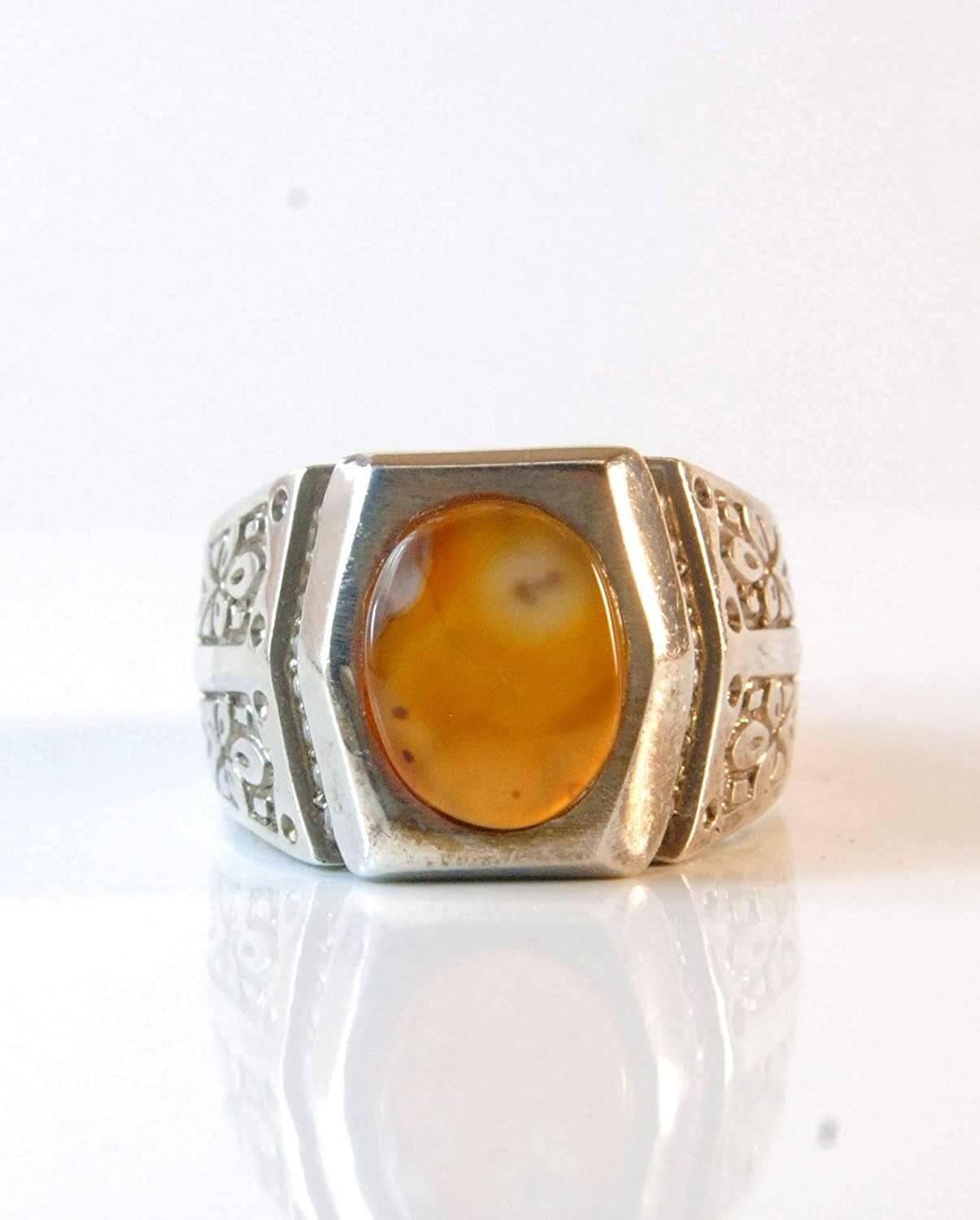 Yemeni Aqeeq Ring for men | AlAliGems | Orange Aqeeq Stone Serling Silver Ring US Size 10.5 - Al Ali Gems