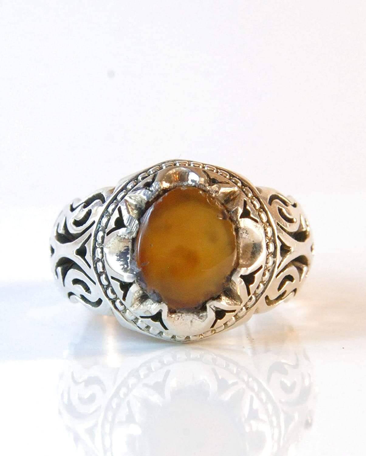 Yemeni Aqeeq Ring for men | AlAliGems | Orange Aqeeq Stone Serling Silver Ring US Size 10 - Al Ali Gems