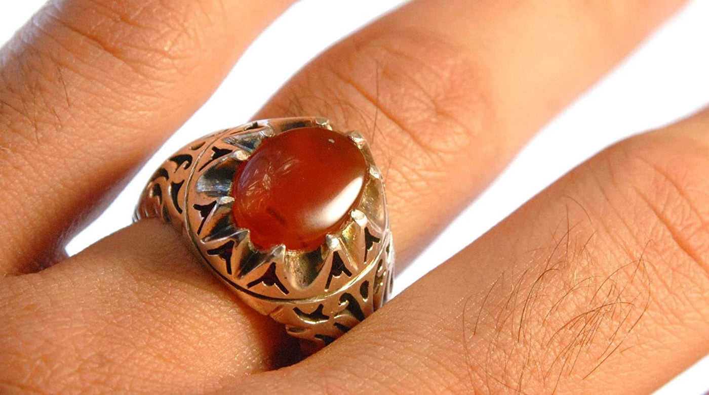 Yemeni Aqeeq Ring for men | AlAliGems | Orange Aqeeq Stone Serling Silver Ring US Size 9.5 - Al Ali Gems