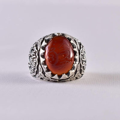Yemeni Aqeeq Ring for Men | AlAliGems | Red Aqeeq Stone Engaved | US Size 10 - Al Ali Gems