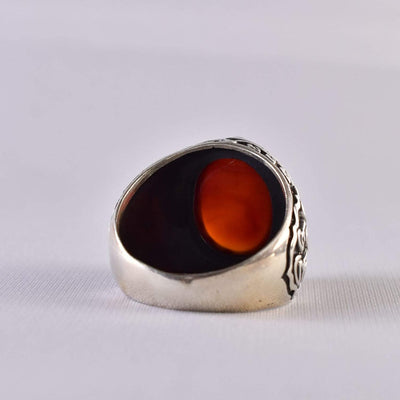 Yemeni Aqeeq Ring for Men | AlAliGems | Red Aqeeq Stone Engaved | US Size 10 - Al Ali Gems