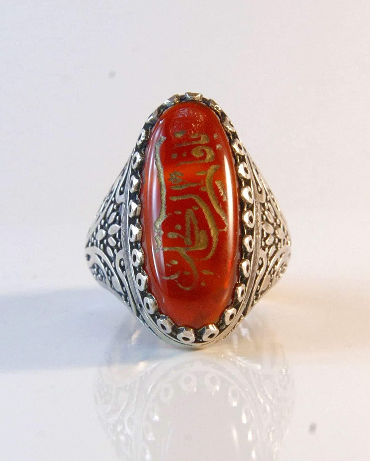 Yemeni Aqeeq Ring for Men | AlAliGems | Red Aqeeq Stone Engaved | US Size 10.5 - Al Ali Gems