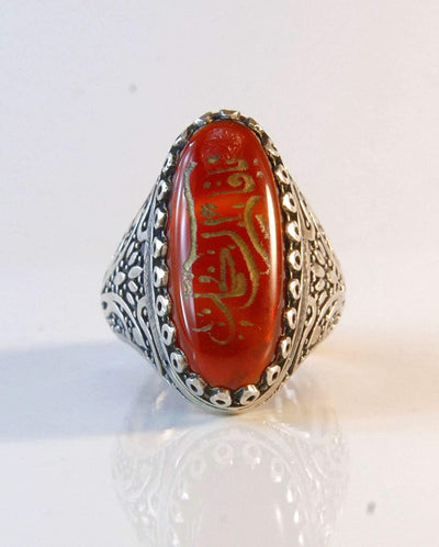 Yemeni Aqeeq Ring for Men | AlAliGems | Red Aqeeq Stone Engaved | US Size 10.5 - Al Ali Gems