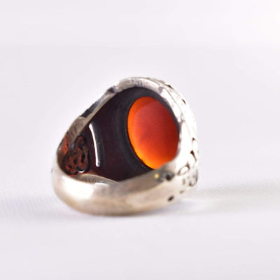 Yemeni Aqeeq Ring for Men | AlAliGems | Red Aqeeq Stone Engaved | US Size 10.5 - Al Ali Gems