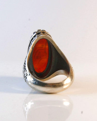 Yemeni Aqeeq Ring for Men | AlAliGems | Red Aqeeq Stone Engaved | US Size 10.5 - Al Ali Gems