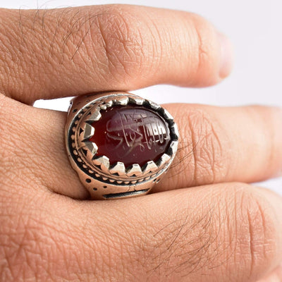 Yemeni Aqeeq Ring for Men | AlAliGems | Red Aqeeq Stone Engaved | US Size 10.5 - Al Ali Gems