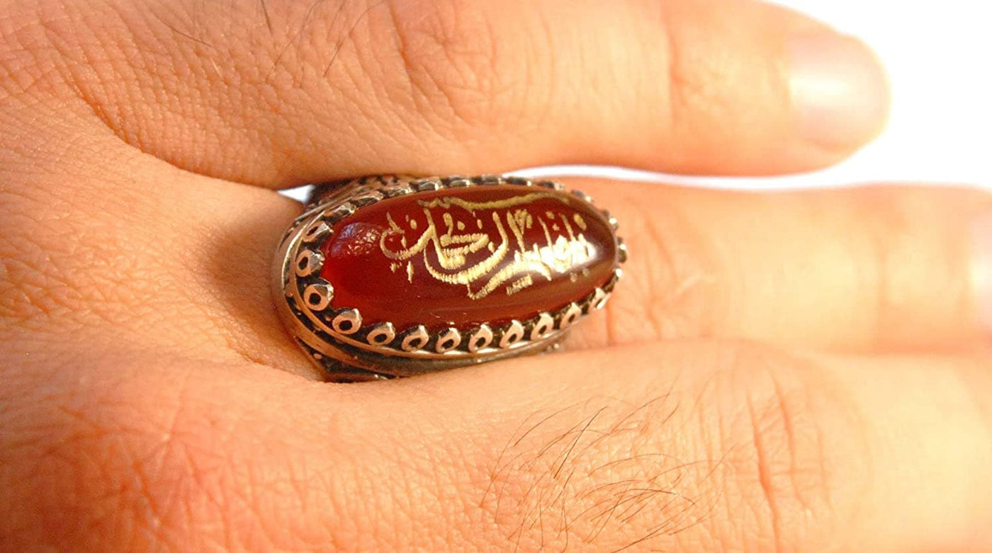 Yemeni Aqeeq Ring for Men | AlAliGems | Red Aqeeq Stone Engaved | US Size 10.5 - Al Ali Gems