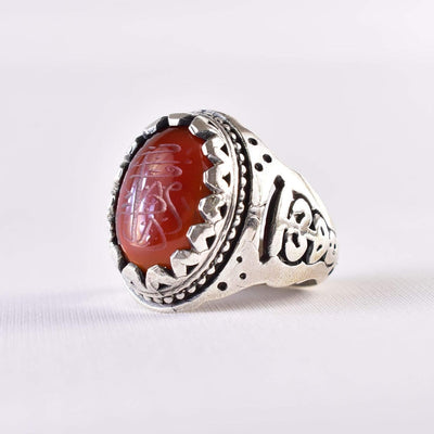 Yemeni Aqeeq Ring for Men | AlAliGems | Red Aqeeq Stone Engaved | US Size 10.5 - Al Ali Gems