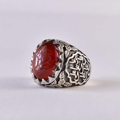 Yemeni Aqeeq Ring for Men | AlAliGems | Red Aqeeq Stone Engaved | US Size 10 - Al Ali Gems