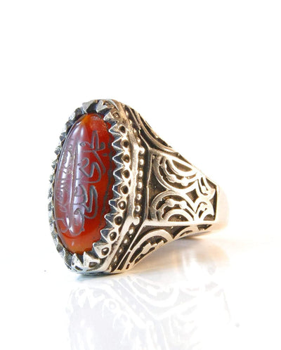 Yemeni Aqeeq Ring for Men | AlAliGems | Red Aqeeq Stone Engaved | US Size 11 - Al Ali Gems