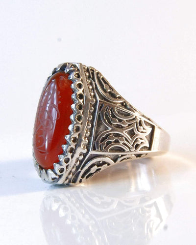 Yemeni Aqeeq Ring for Men | AlAliGems | Red Aqeeq Stone Engaved | US Size 11 - Al Ali Gems