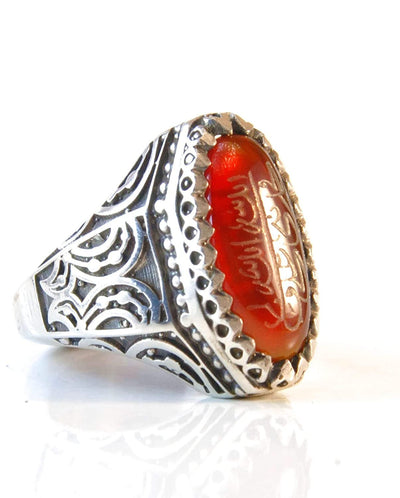 Yemeni Aqeeq Ring for Men | AlAliGems | Red Aqeeq Stone Engaved | US Size 11 - Al Ali Gems
