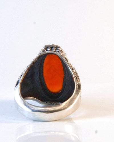 Yemeni Aqeeq Ring for Men | AlAliGems | Red Aqeeq Stone Engaved | US Size 11 - Al Ali Gems