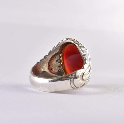 Yemeni Aqeeq Ring for Men | AlAliGems | Red Aqeeq Stone Engaved | US Size 11 - Al Ali Gems