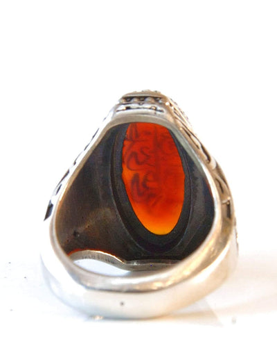 Yemeni Aqeeq Ring for Men | AlAliGems | Red Aqeeq Stone Engaved | US Size 11 - Al Ali Gems