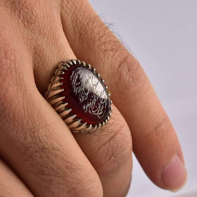 Yemeni Aqeeq Ring for Men | AlAliGems | Red Aqeeq Stone Engaved | US Size 11 - Al Ali Gems