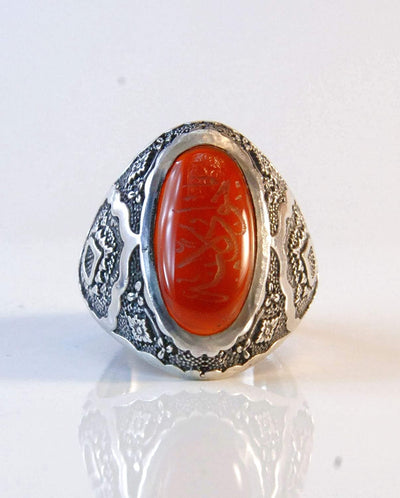 Yemeni Aqeeq Ring for Men | Red Aqeeq Stone Engraved | US Size 11.5 - Al Ali Gems