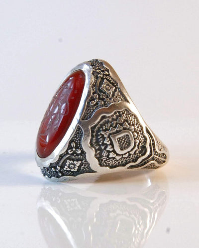 Yemeni Aqeeq Ring for Men | Red Aqeeq Stone Engraved | US Size 11.5 - Al Ali Gems