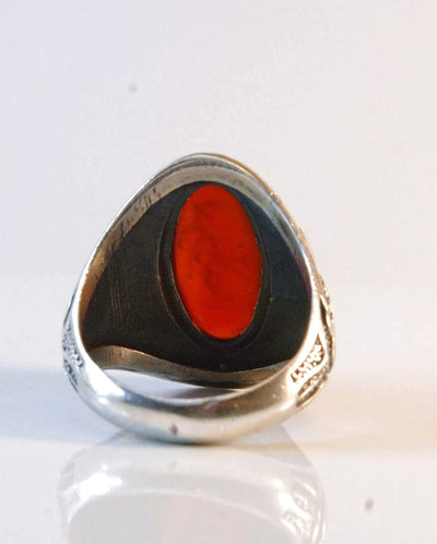 Yemeni Aqeeq Ring for Men | Red Aqeeq Stone Engraved | US Size 11.5 - Al Ali Gems