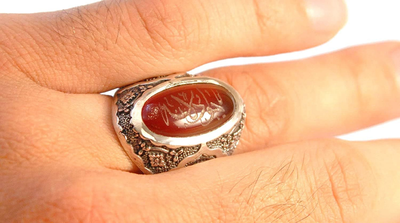Yemeni Aqeeq Ring for Men | Red Aqeeq Stone Engraved | US Size 11.5 - Al Ali Gems
