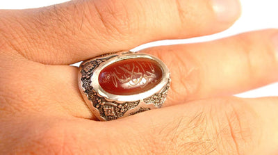 Yemeni Aqeeq Ring for Men | Red Aqeeq Stone Engraved | US Size 11.5 - Al Ali Gems