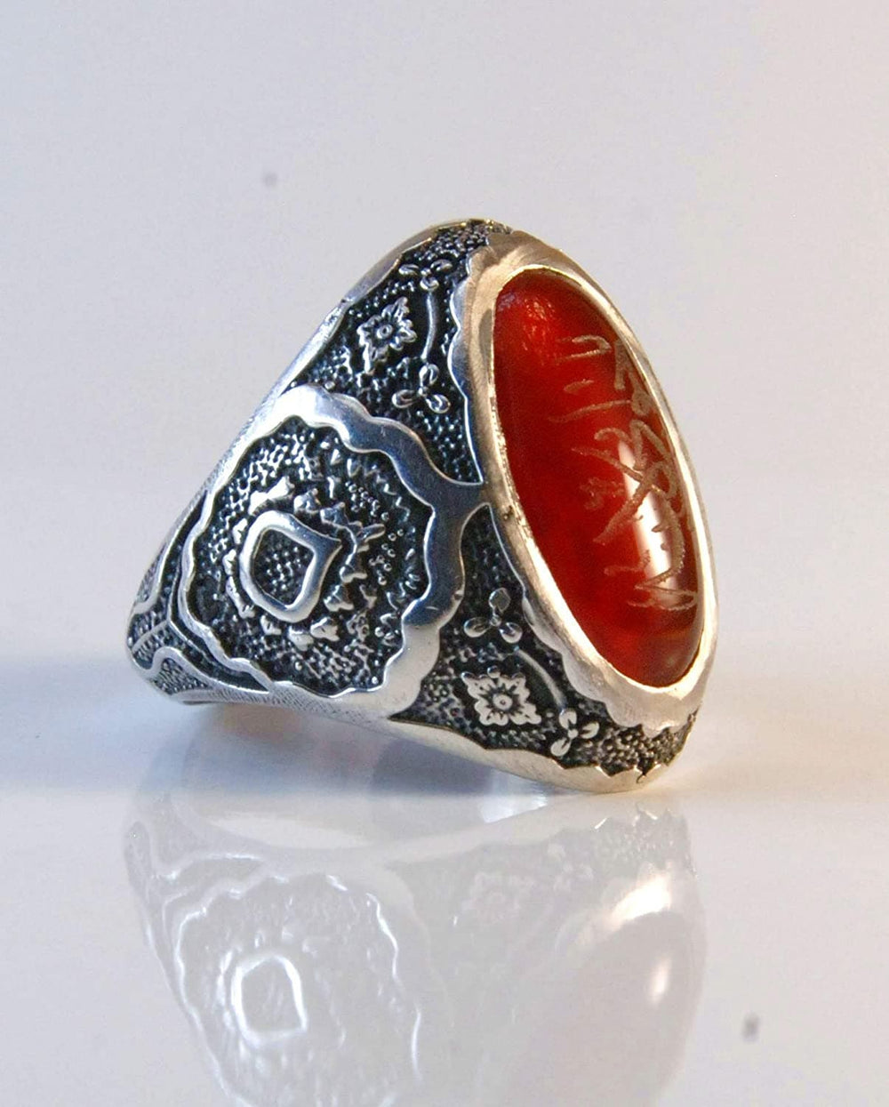 Yemeni Aqeeq Ring for Men | Red Aqeeq Stone Engraved | US Size 11.5 - Al Ali Gems