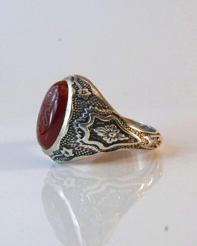 Yemeni Aqeeq Ring for Men | AlAliGems | Red Aqeeq Stone Engaved | US Size 11.75 - Al Ali Gems