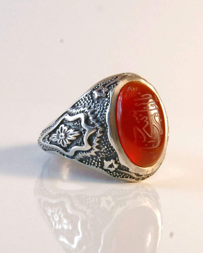 Yemeni Aqeeq Ring for Men | AlAliGems | Red Aqeeq Stone Engaved | US Size 11.75 - Al Ali Gems