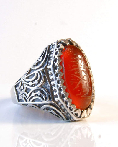 Yemeni Aqeeq Ring for Men | AlAliGems | Red Aqeeq Stone Engaved | US Size 11 - Al Ali Gems