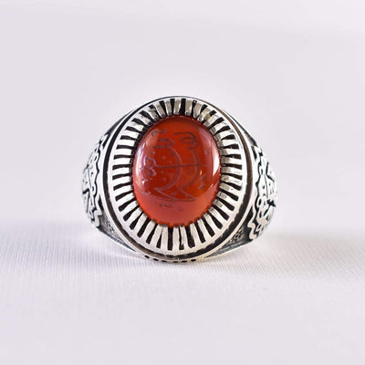 Yemeni Aqeeq Ring for Men | AlAliGems | Red Aqeeq Stone Engaved | US Size 12 - Al Ali Gems